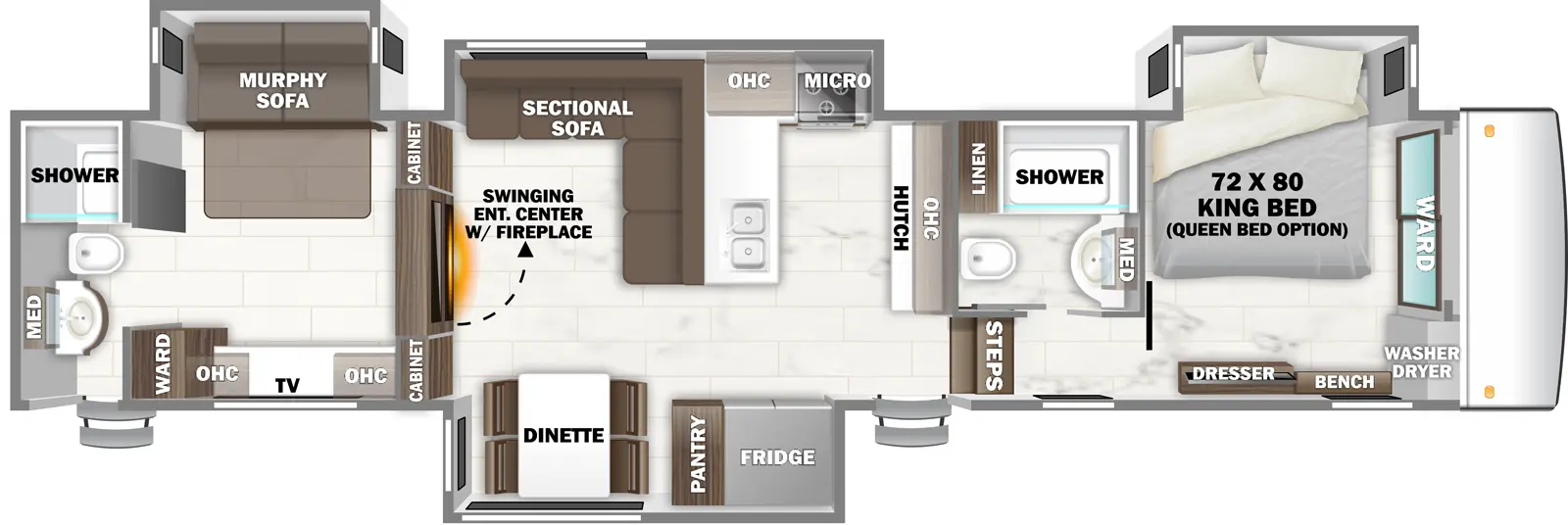 The RIVERSTONE 44DBL has two entries and four slide outs. Exterior features include: fiberglass exterior. Interiors features include: free-standing dinette option, front bedroom, murphy bed, rear bathroom and two full bathrooms.